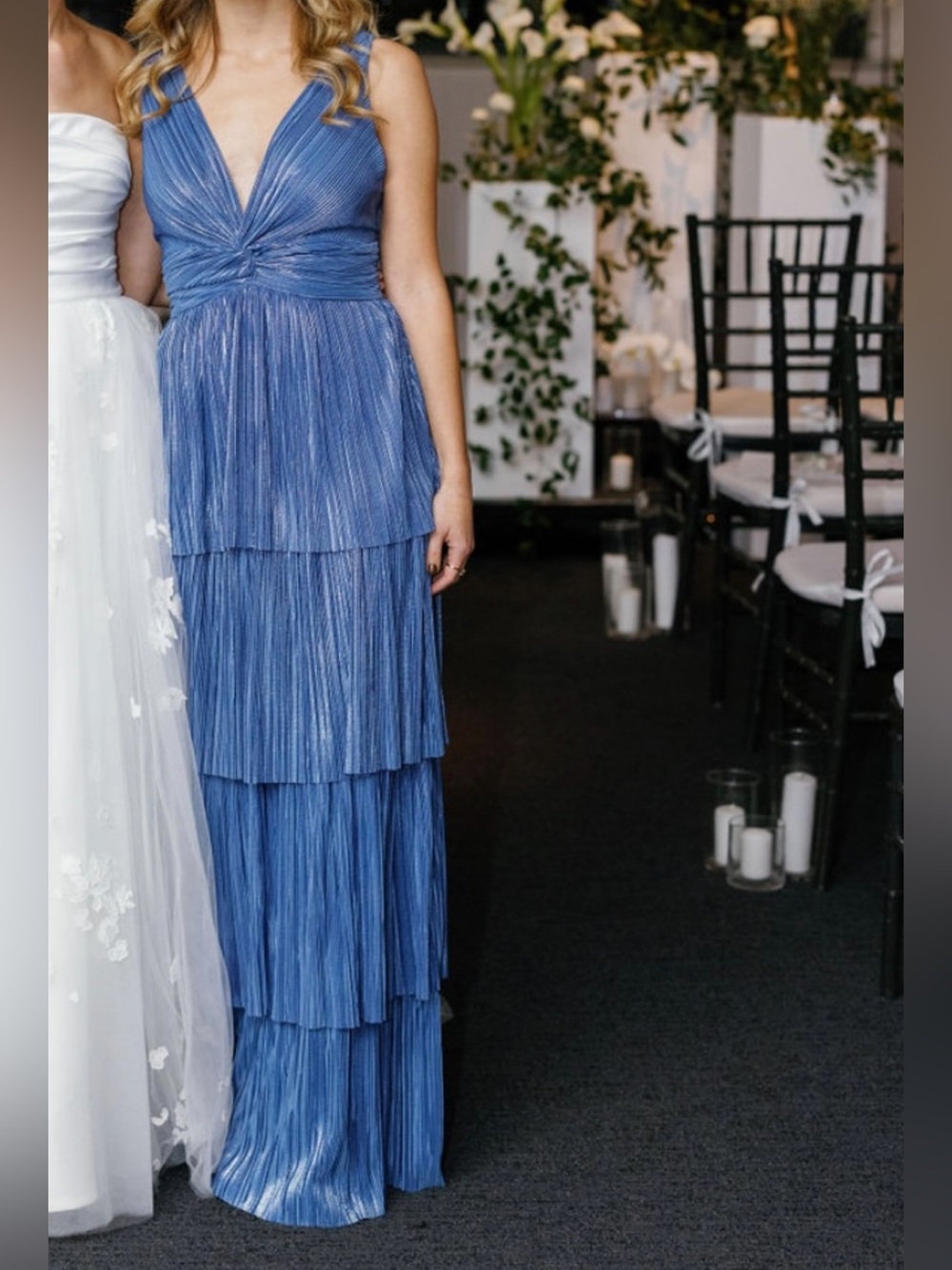 Sabina Musayev Blue Tiered V-Neck Pleated Maxi Dress